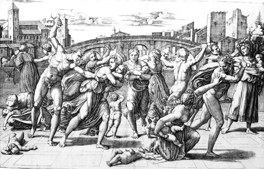 Gravure représentant une scène de massacre où des soldats armés attaquent des femmes portant des enfants devant une ville fortifiée.