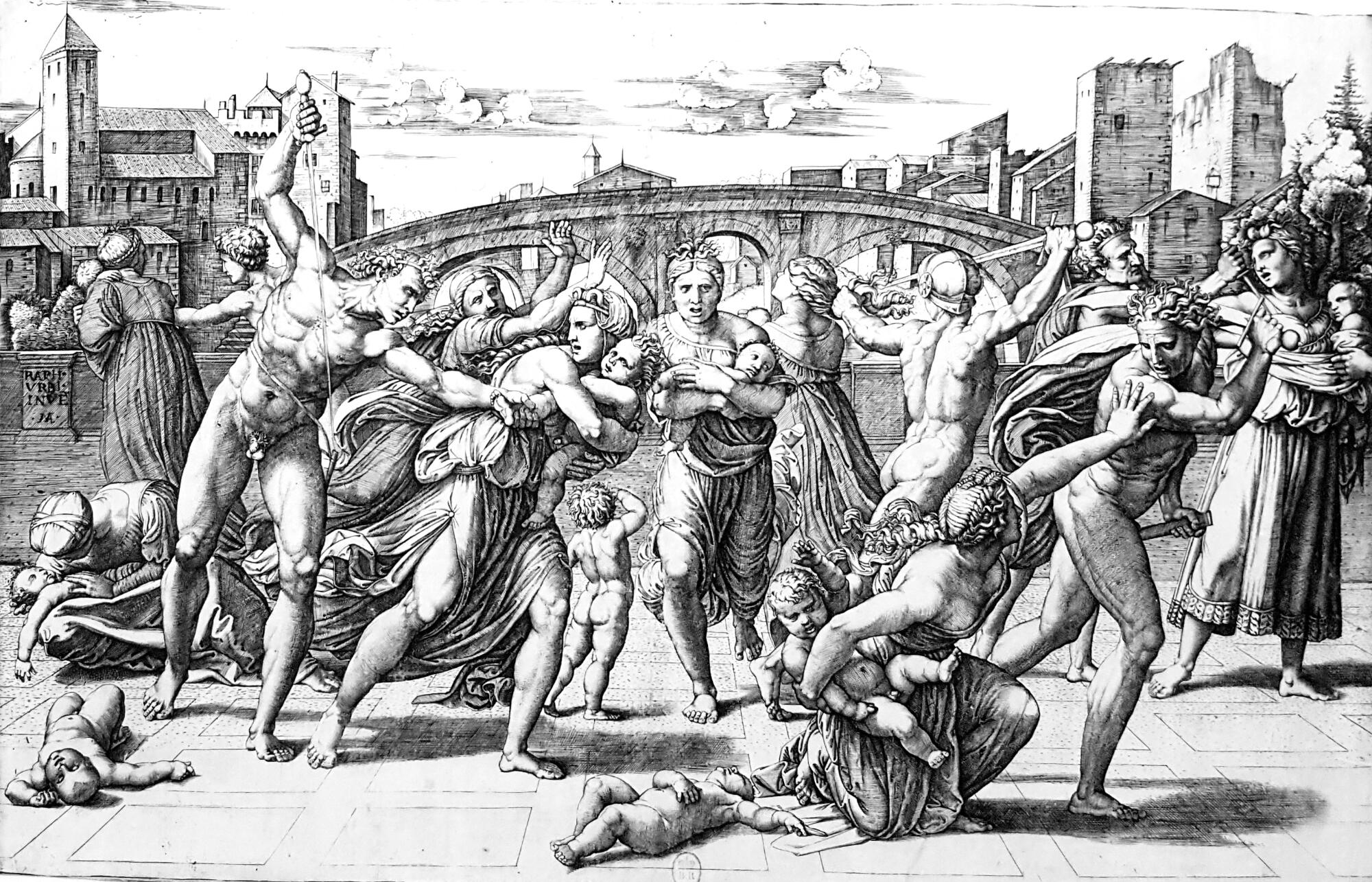 Gravure représentant une scène de massacre où des soldats armés attaquent des femmes portant des enfants devant une ville fortifiée.