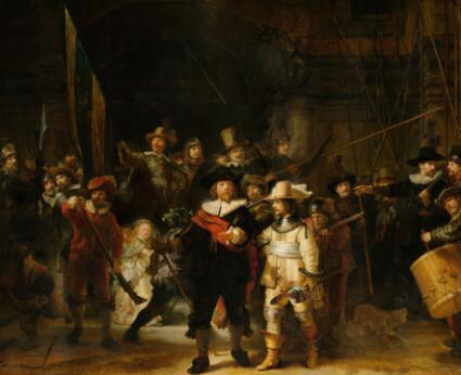 Peinture représentant une compagnie de miliciens en armes rassemblée dans un vaste espace intérieur, menée par deux officiers richement vêtus avançant au premier plan parmi une foule de soldats, porte-étendards, mousquetaires et tambour.