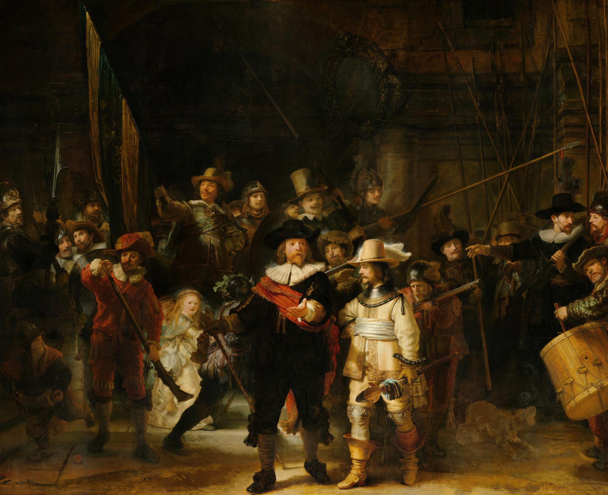 Preview of: The Night Watch Peinture représentant une compagnie de miliciens en armes rassemblée dans un vaste espace intérieur, menée par deux officiers richement vêtus avançant au premier plan parmi une foule de soldats, porte-étendards, mousquetaires et tambour.