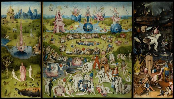 Preview of: The Garden of Earthly Delights - undefined undefined Triptyque représentant une vision allégorique du paradis, des plaisirs terrestres et de l'enfer, peuplée d'une multitude de personnages, d'animaux réels et fantastiques, ainsi que de créatures et d'architectures imaginaires.