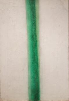 Peinture abstraite représentant une bande verticale verte sur un fond clair.