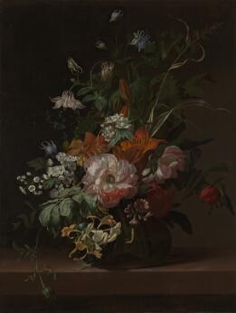 Peinture représentant un bouquet de fleurs dans un vase.