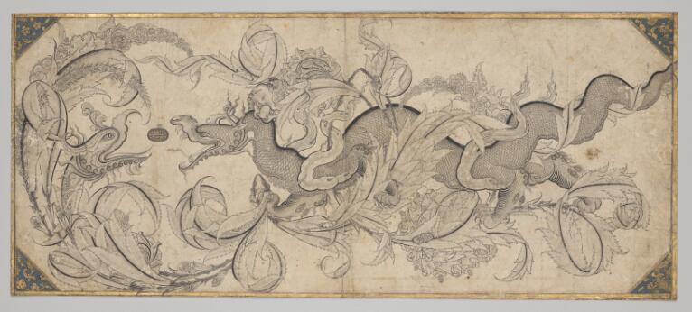 Preview of: Dragon and phoenix in foliage - undefined undefined Dessin ornemental représentant un dragon et un phénix enlacés au milieu d'un abondant décor de feuillages stylisés, exécuté à l'encre dans un style raffiné d'inspiration orientale.