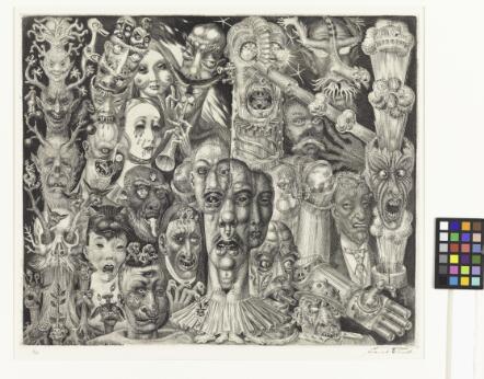 Dessin dense en noir et blanc composé de nombreux visages et figures imbriqués