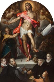 Peinture religieuse représentant le Christ ressuscité entouré d'anges et de membres de la famille d'un donateur agenouillés au premier plan.