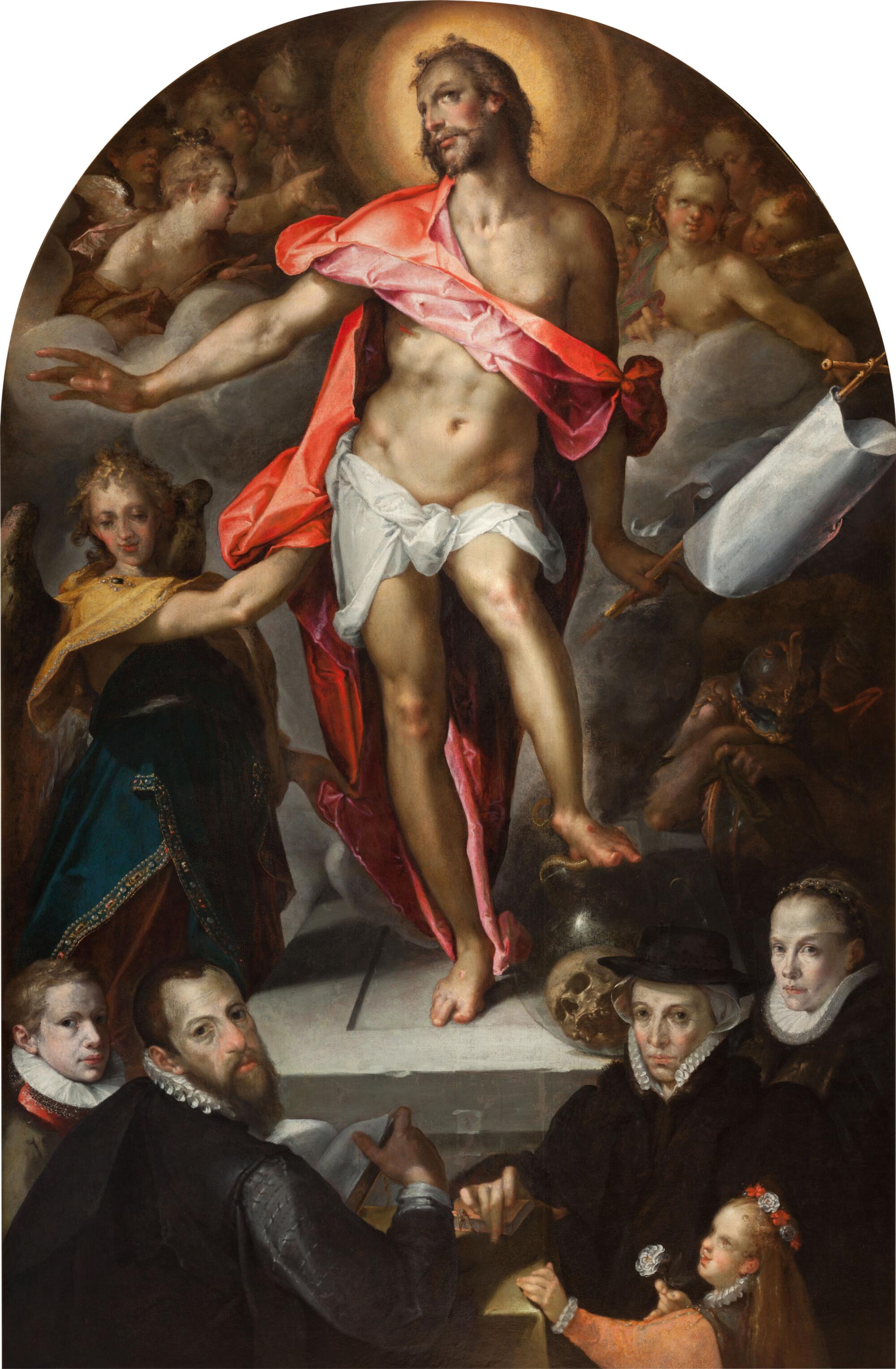 Preview of: Epitaph of the Prague Goldsmith Nikolaus Müller Peinture religieuse représentant le Christ ressuscité entouré d'anges et de membres de la famille d'un donateur agenouillés au premier plan.