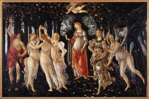 Preview of: Primavera - undefined undefined Groupe de personnages vêtus de voiles légers dans un jardin luxuriant, entourés d'arbres, de fleurs et de figures mythologiques.