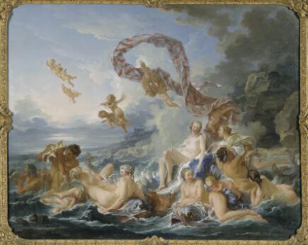 Groupe de personnages nus et ailés au milieu des vagues, dans une scène mythologique marine.