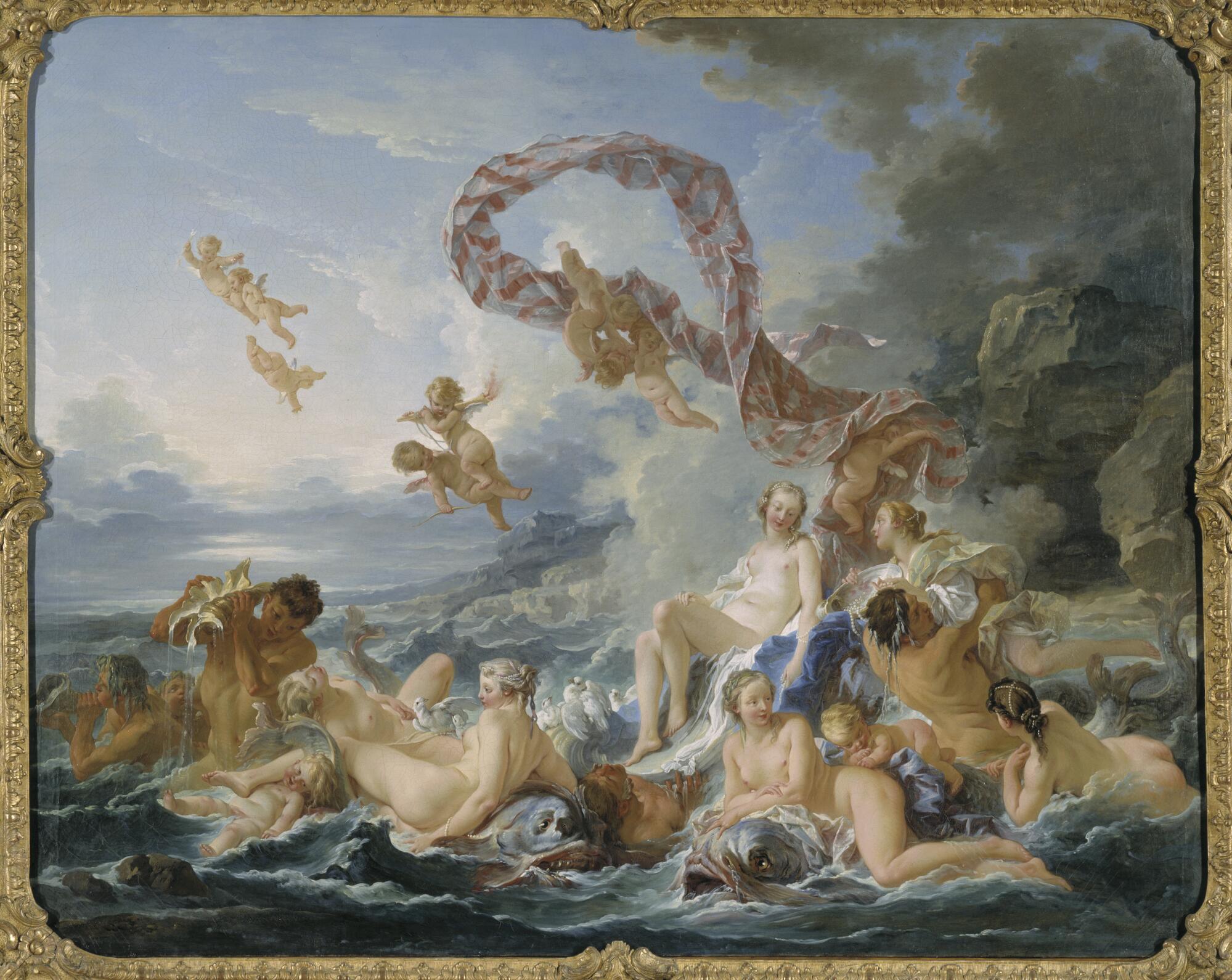 Preview of: The Triumph of Venus Groupe de personnages nus et ailés au milieu des vagues, dans une scène mythologique marine.