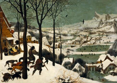 Paysage enneigé avec chasseurs, chiens et villageois patinant sur des étendues gelées.
