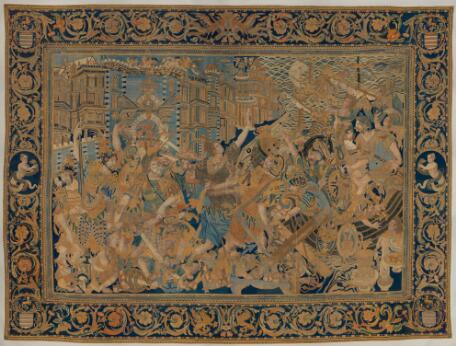 Tapisserie représentant l'enlèvement d'Hélène de Troie au cours d'une scène de bataille mythologique, encadrée d'une riche bordure ornementale.