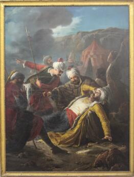 Scène de bataille montrant plusieurs hommes en turbans autour d’un personnage blessé ou mourant au sol.