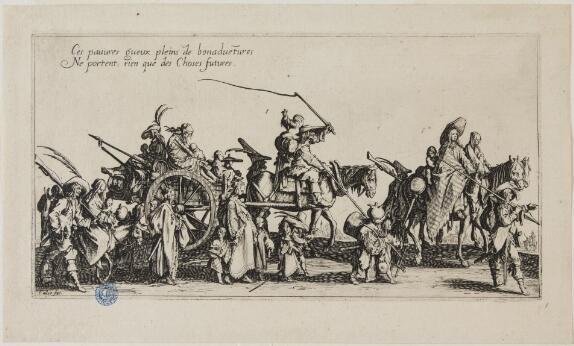 Gravure représentant une troupe de voyageurs itinérants avançant avec des chariots, des chevaux, des femmes, des enfants et des hommes armés, illustrant une scène de déplacement collectif dans un paysage ouvert.