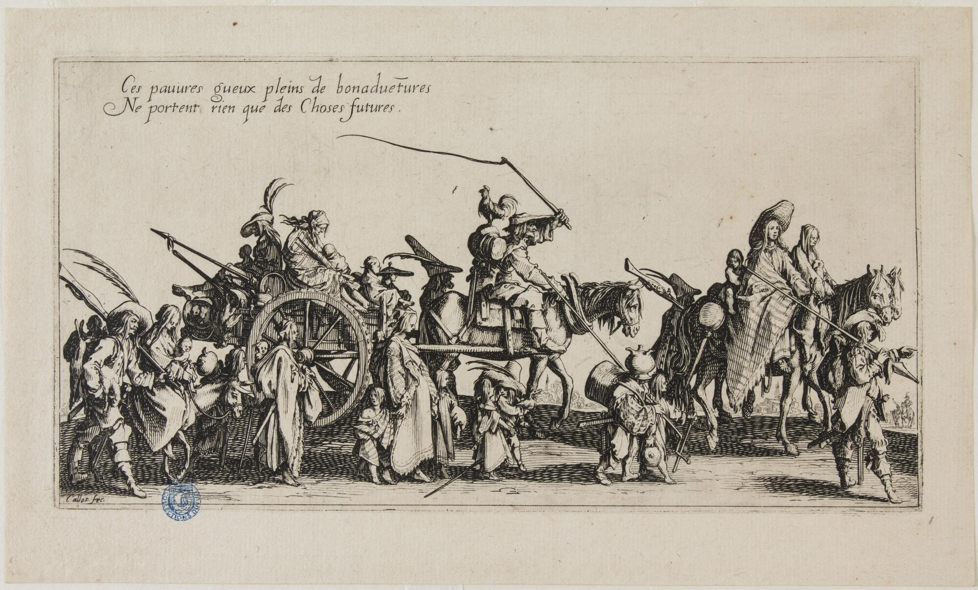 Preview of: Les Bohémiens en marche, Arrière-garde Gravure représentant une troupe de voyageurs itinérants avançant avec des chariots, des chevaux, des femmes, des enfants et des hommes armés, illustrant une scène de déplacement collectif dans un paysage ouvert.