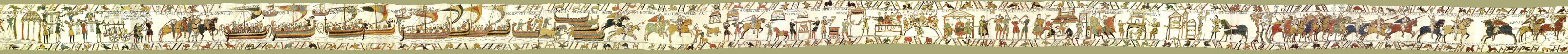 Tapisserie brodée représentant une procession de personnages, chevaux et navires.
