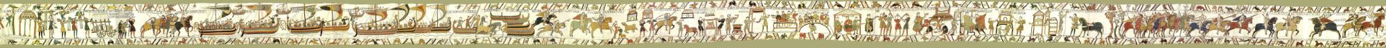 Preview of: Bayeux Tapestry Tapisserie brodée représentant une procession de personnages, chevaux et navires.
